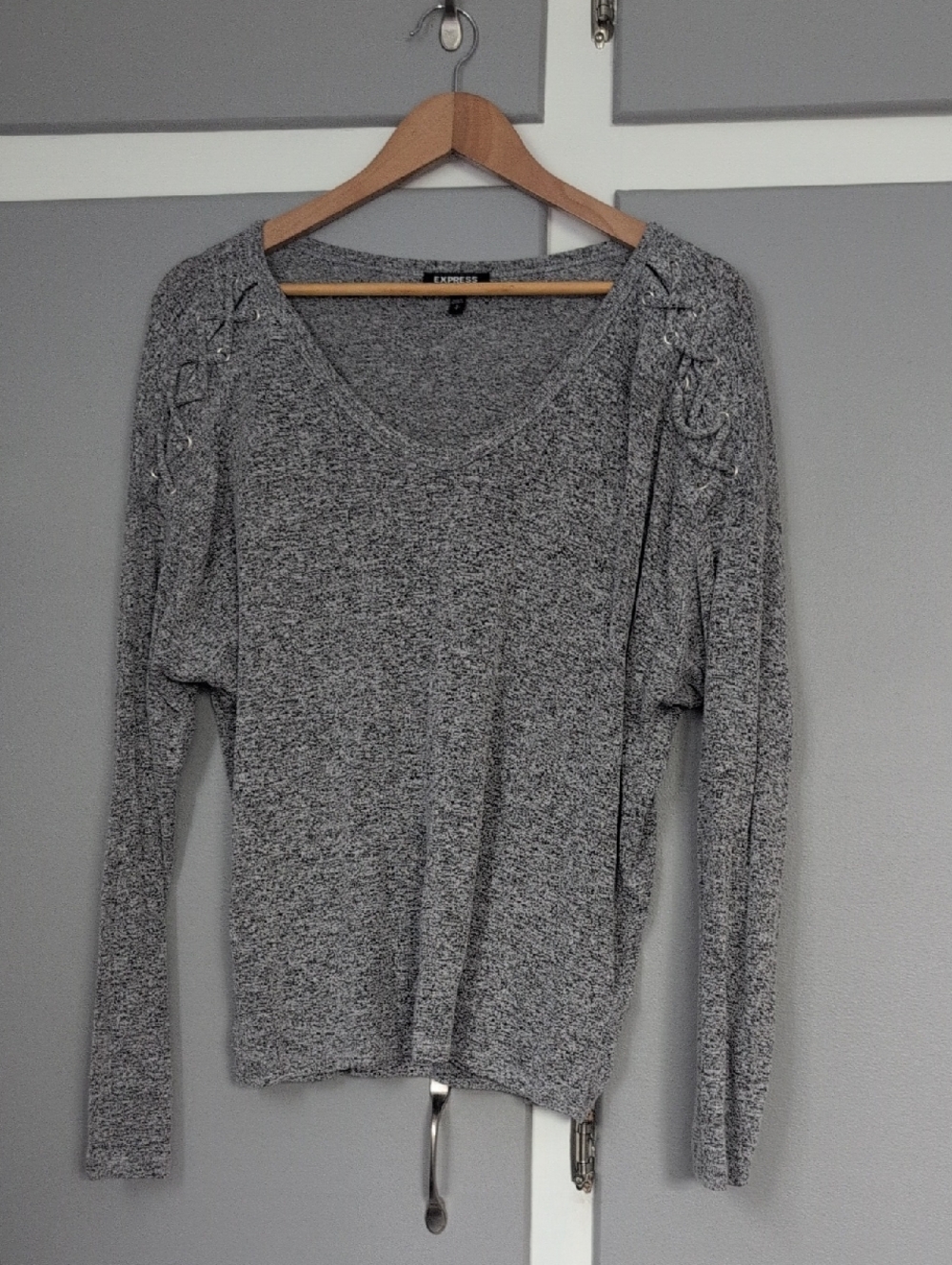 Express Gray Lace-Up Shoulder Knit Sweater